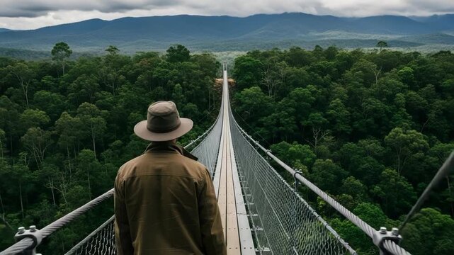Man in hat walks on suspension bridge over lush green rainforest