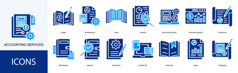 accounting services icon collection set. Containing Ledger, Bookkeeping, Book, Auditing, Accounting System, Financial Analytics icon