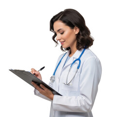 Female doctor writing on clipboard isolated on transparent background