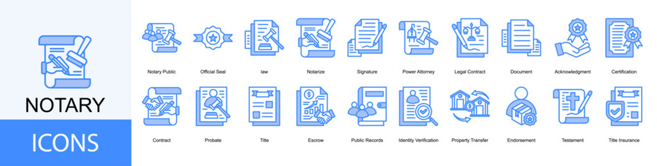 notary icon collection set. Containing law, Notarize, Signature, Power Attorney, Legal Contract, Document icon
