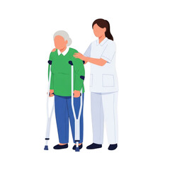 Nurse assisting elderly woman with crutches isolated on transparent background