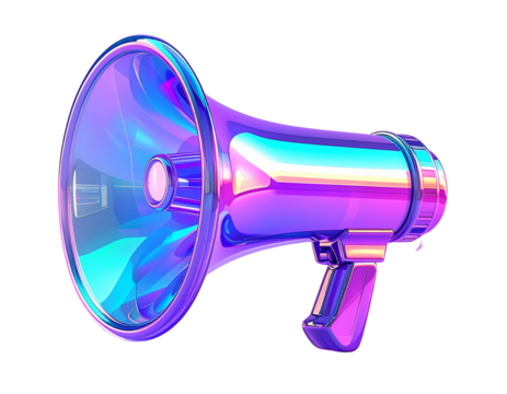 Futuristic Holographic Megaphone Icon 3D Render, Front View, Isolated on Transparent Background