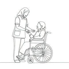 Nurse assisting an elderly woman in a wheelchair, line art isolated on transparent background