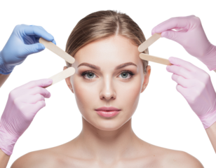 A woman receives a beauty treatment with waxing sticks held by gloved hands, highlighting a professional aesthetic procedure.