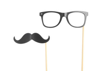 Black glasses and a mustache on sticks, commonly used as playful photo props for parties and celebrations.