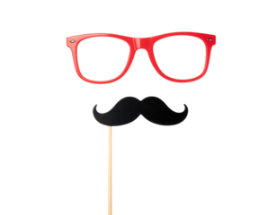 Red glasses and a black mustache on a stick, ideal for fun photo props or party decorations, adding a playful touch to any event.