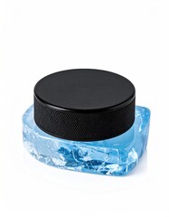 Hockey puck sits atop a block of light blue ice