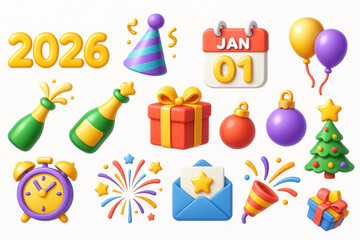Festive New Year celebration icons including calendar, balloons, and fireworks. Colorful elements like Christmas tree, gift boxes, and champagne bottles add to joyful theme