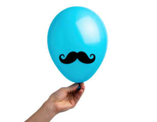 A blue balloon with a black mustache design held by a hand.