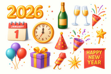 Festive New Year celebration with balloons, champagne, and fireworks, featuring calendar marking January 1, 2026, and Happy New Year banner