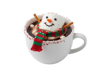 A festive cup of hot chocolate features a smiling snowman marshmallow and candy decorations, creating a cheerful winter treat.