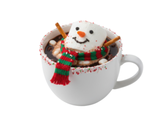 A festive cup of hot chocolate features a smiling snowman marshmallow and candy decorations, creating a cheerful winter treat.