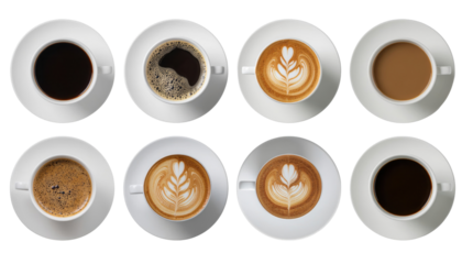 A variety of coffee cups showcasing different types of brews and latte art, arranged in an appealing grid pattern.