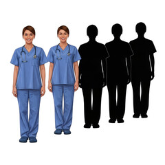 Two female nurses in blue scrubs, isolated on transparent background