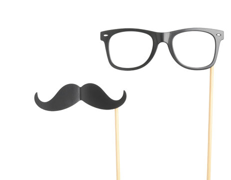 Black glasses and a mustache on sticks, commonly used as playful photo props for parties and celebrations.