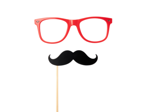 Red glasses and a black mustache on a stick, ideal for fun photo props or party decorations, adding a playful touch to any event.