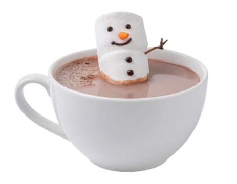 A whimsical snowman-shaped marshmallow floats in a cup of rich hot chocolate, adding a playful touch to the warm beverage.