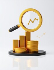 Golden magnifier examines uptrend over stacks of gold coins