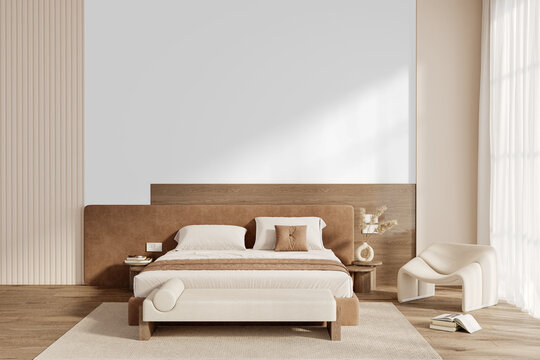 Front view of contemporary beige and brown bedroom with suede headboard and modern chair, isolated wall PNG background with natural light