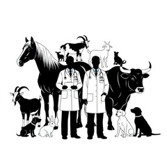 Veterinarians with various farm and domestic animal silhouettes isolated on transparent background
