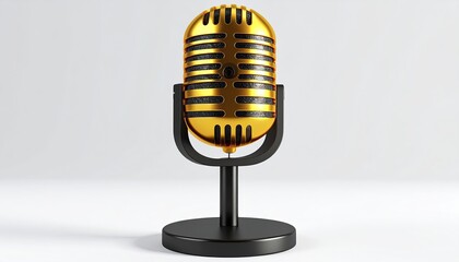 Shiny golden retro microphone atop a black stand (1)