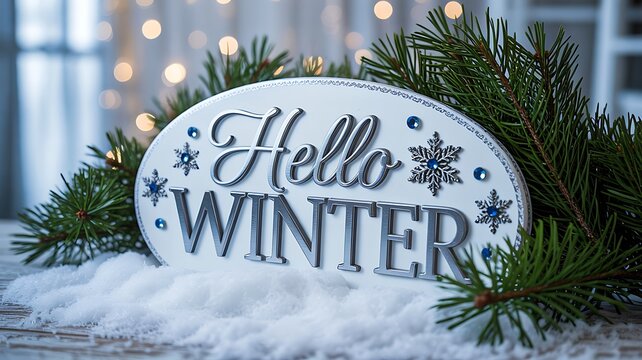 Hello Winter sign in snow with evergreen branches and festive winter holiday background