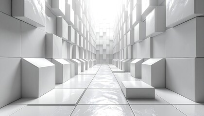 Abstract architectural passage made of gleaming white cubes and tiles, leading to a bright light source at the end