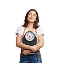 Woman holding a scale and measuring tape isolated on transparent background