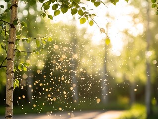 21.Birch catkins releasing a cloud of fine pollen into the air, soft sunlight filtering through the trees, with floating pollen grains catching the light.