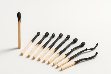 Scattered burnt matches forming a gentle arc with one upright near the front clean studio arrangement on white