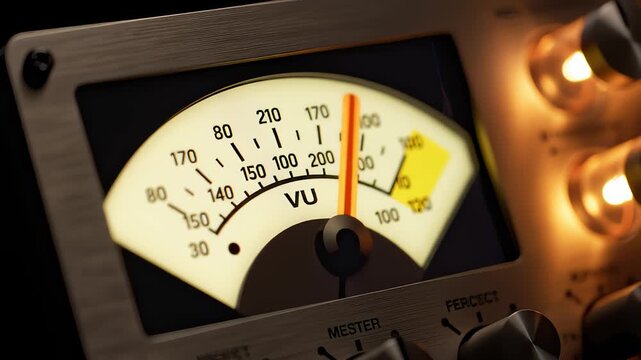 Close Up of Vu Meter Fluctuating on Vintage Audio Recording Equipment