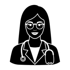 Black and white icon of a female doctor with glasses isolated on transparent background