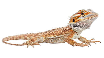 Obraz premium Bearded dragon crawling right across white background 