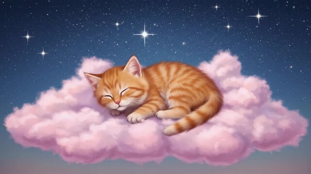 A cozy kitten sleeping peacefully on a fluffy pink cloud under stars.