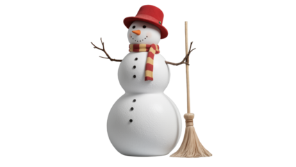 Cheerful snowman with hat, striped scarf, carrot nose, branch arms, and broom, classic winter character on white background symbolizing joy, holiday spirit, and festive charm.