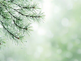Obraz premium 3.Pine tree branch weighed down by fresh rain, individual droplets visible on each needle, with a soft-focus background of forest greens and gray mist.