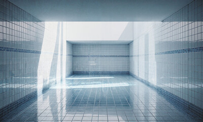 Obraz premium Silent water plant Empty water treatment chamber with tiled walls, reflective floor faintly shining, soft bluish light, wide frontal composition.