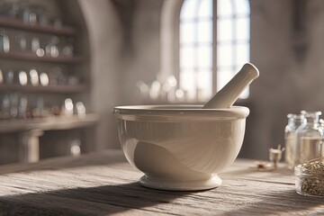 Antique White Mortar And Pestle In Historical Pharmacy