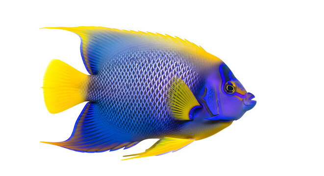 Vibrant queen angelfish swimming gracefully against a stark
