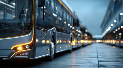 A sleek, modern bus is parked in a dimly lit area, showcasing its shiny exterior and illuminated details amidst an urban backdrop.