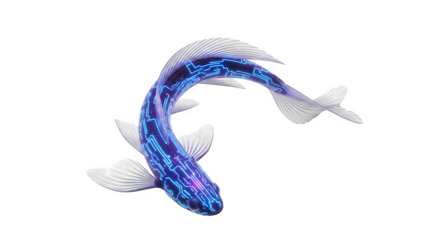 Digital fish swimming in the dark with glowing circuit board pattern design