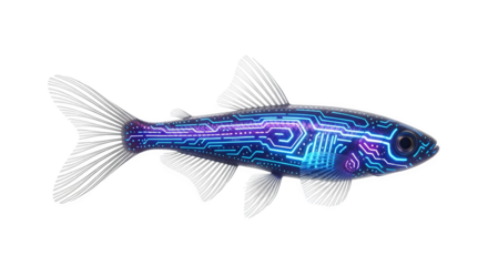 Digital fish swimming with glowing circuit patterns on a black background