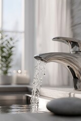 Modern Silver Faucet With Flowing Water