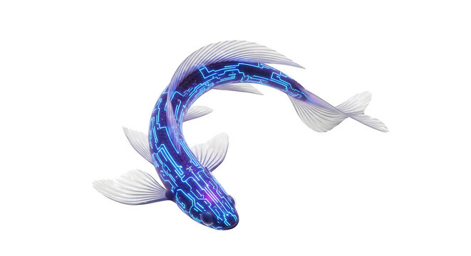 Digital fish swimming in the dark with glowing circuit board pattern design