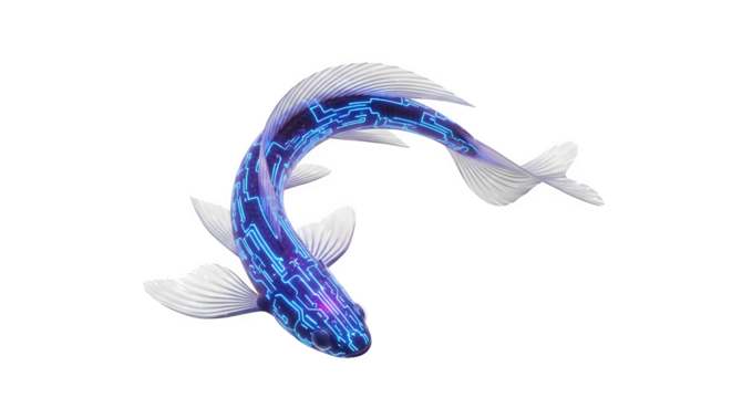 Digital fish swimming in the dark with glowing circuit board pattern design