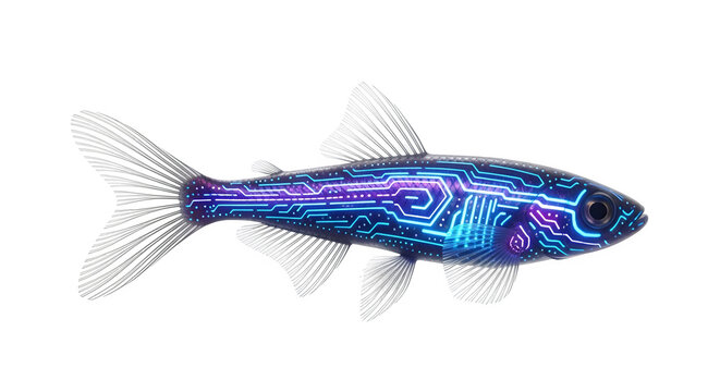 Digital fish swimming with glowing circuit patterns on a black background