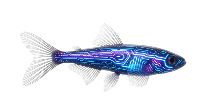 Digital fish swimming with glowing circuit patterns on a black background