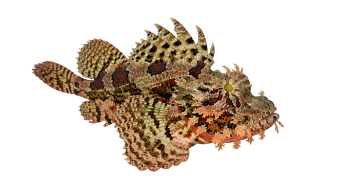 Scorpionfish portrait showcasing its camouflage and unique spiky dorsal fin
