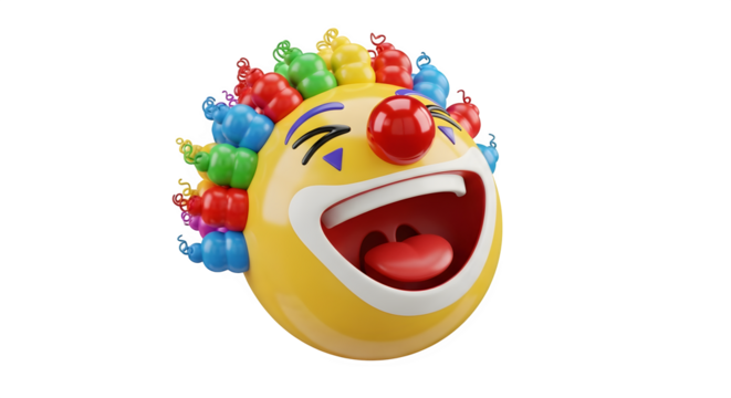 Playful clown emoji with colorful hair and red nose expressing joy and laughter - Powered by Adobe
