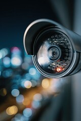 Close Up Security Camera At Night With City Lights Blurred Background